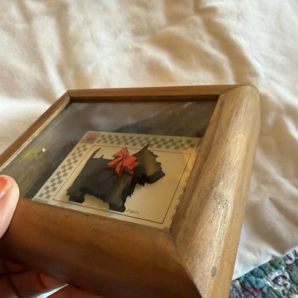 Vintage Scottie Dog Shadow Box Wall Art 4x6 Wood Frame Red Bow Hearts Folk Art